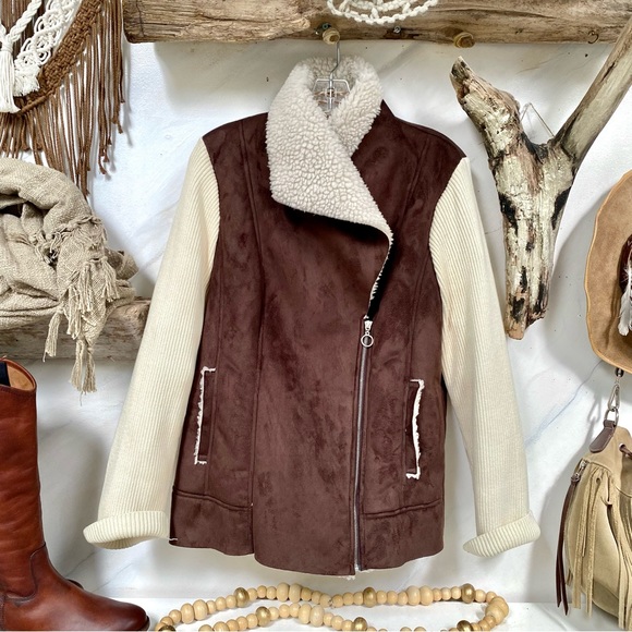 Teddy/Sherpa Moto fall jacket w vegan suede leathen & western/boho/country vibe - Picture 11 of 16